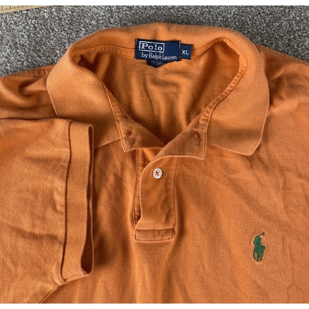 Polo Ralph Lauren Solid Orange Polo Shirt Green Pony Cotton Preppy Mens XL Read